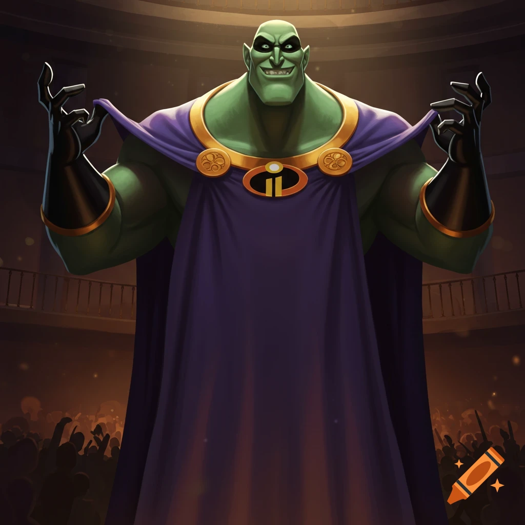 A green-skinned character resembling Syndrome from The Incredibles in a purple cape standing before a crowd.