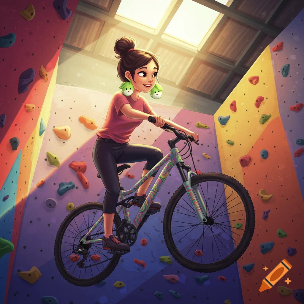 A girl with a bun hairstyle and pok choy earrings is mountain biking up an indoor climbing wall.