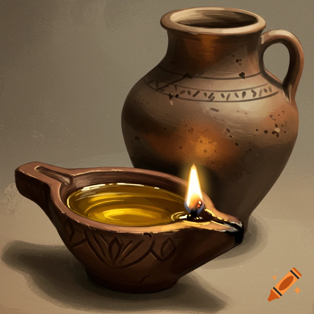 A clay oil lamp with a flame and an ancient jar behind it.