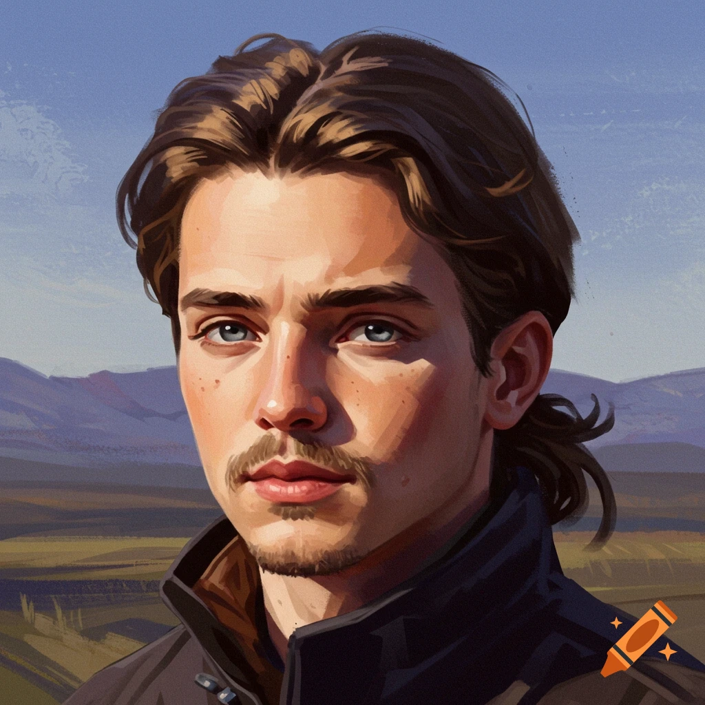 A portrait of a young man with a mustache and goatee, wearing a dark jacket, with a landscape background.