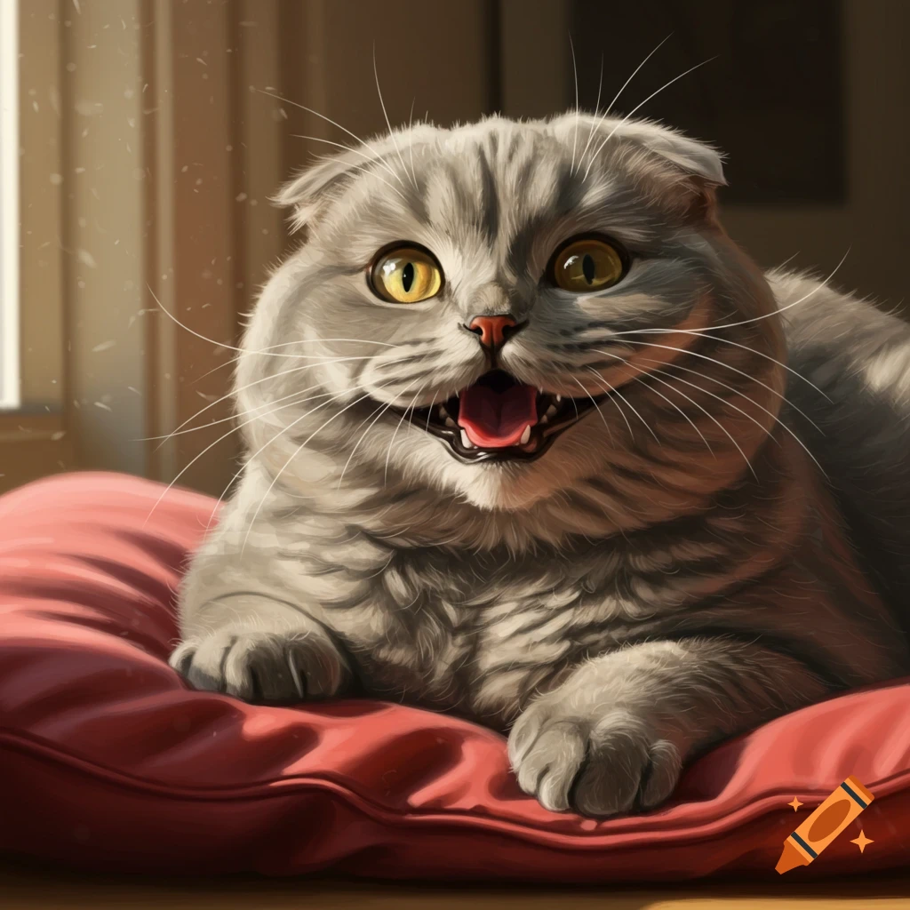 A grey Scottish Fold cat with its mouth wide open, lying on a red pillow.