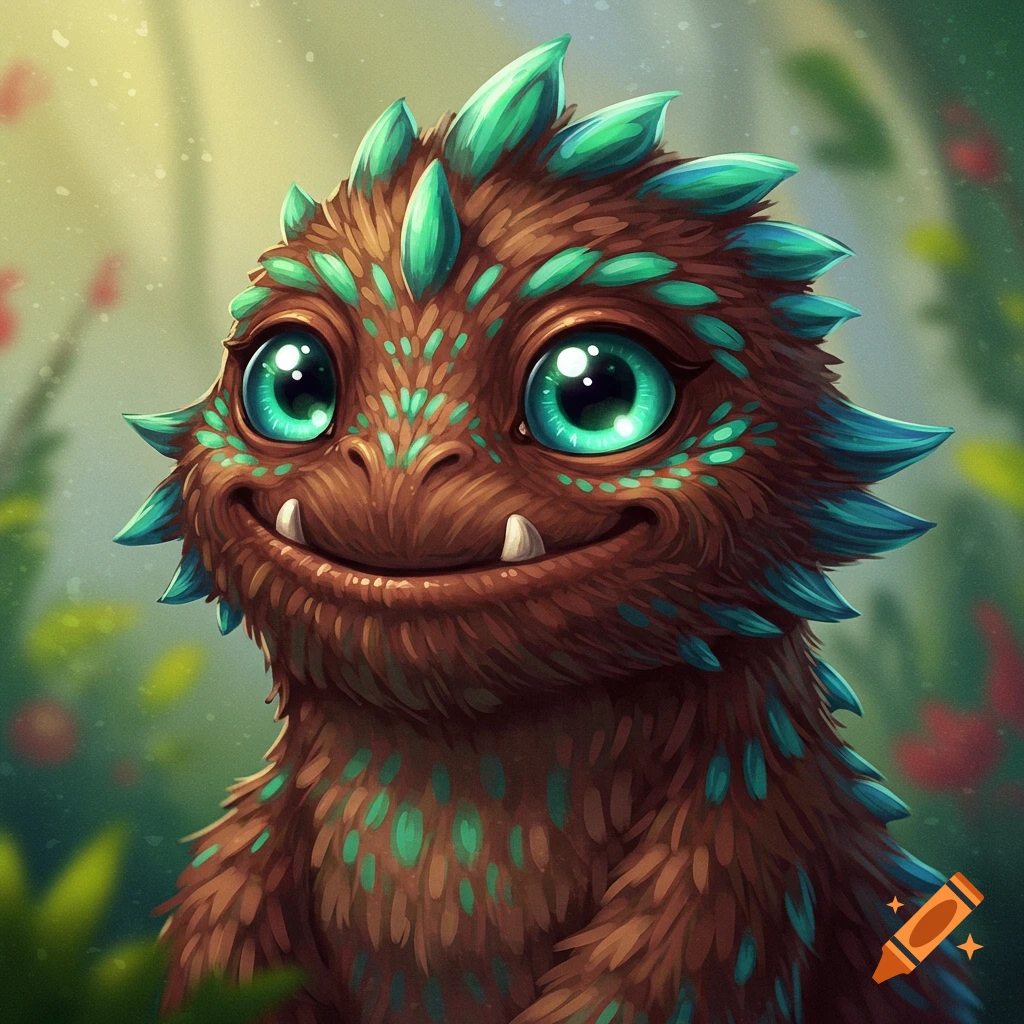Close-up of a cute furry monster with big green eyes and a smile.