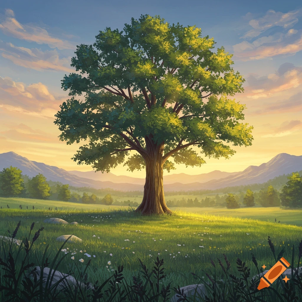 A large green tree stands in a grassy field with distant hills at sunset.