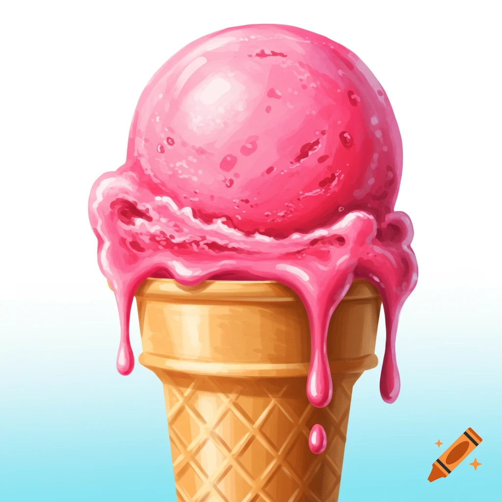 A melting pink ice cream scoop in a waffle cone.