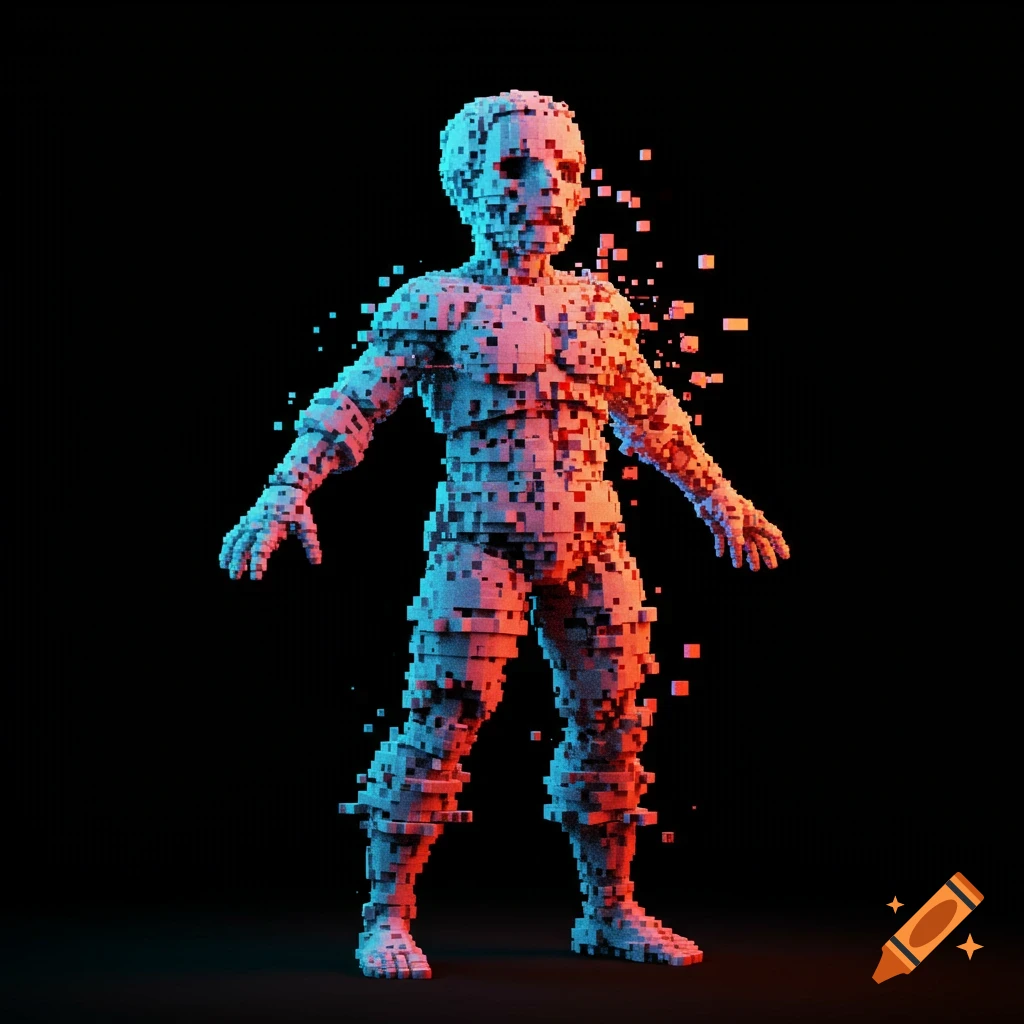Pixelated figure glitching on a black background with red and blue lighting.