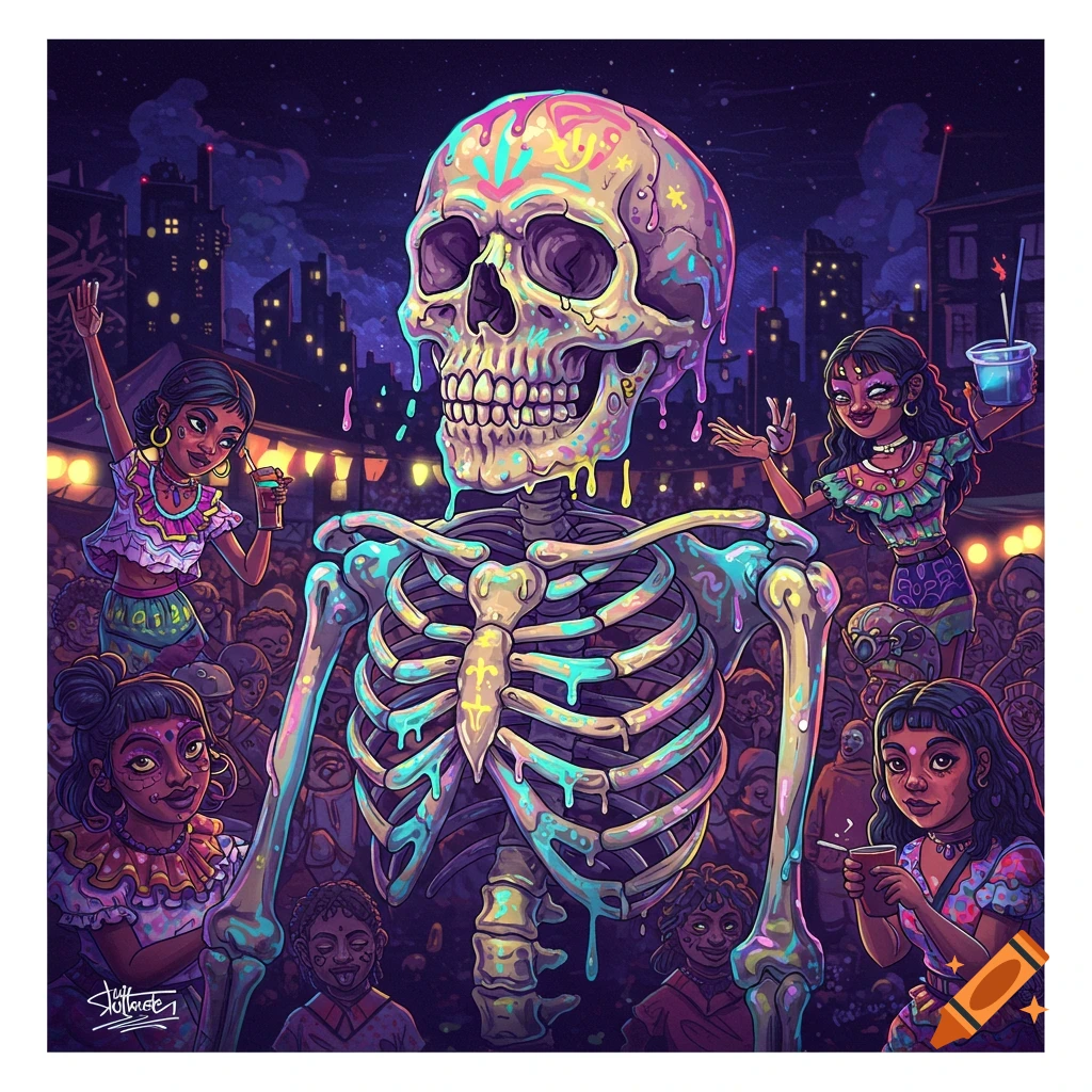 Vibrant image of a large, colorful skeleton surrounded by a festive crowd at night.