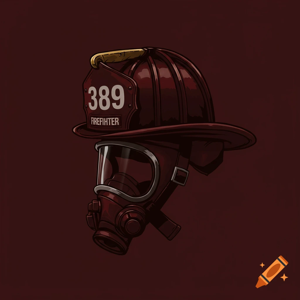 Illustration of a firefighter helmet with 389 and gas mask