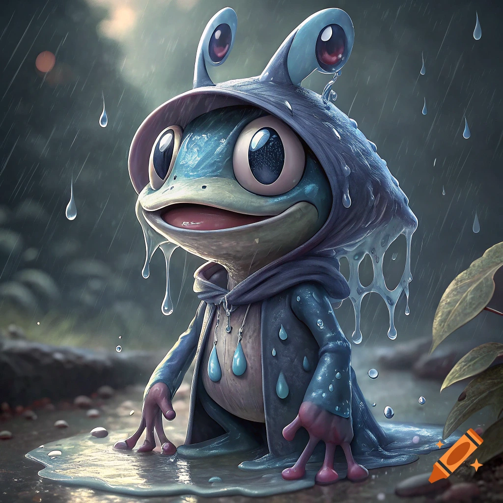 A cute cartoon frog creature wearing a rain jacket stands in a puddle in the rain.