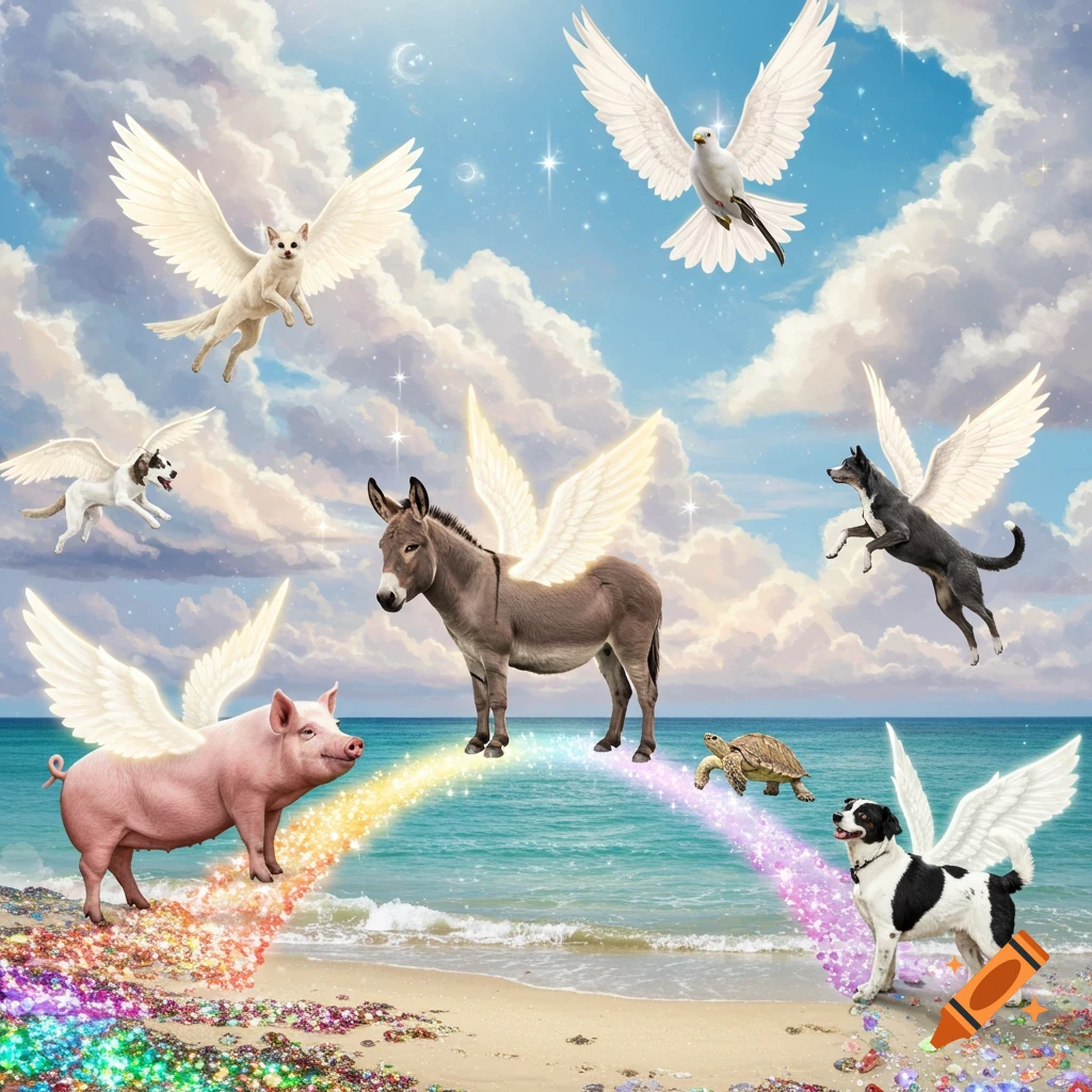 Fantasy digital illustration of animals with angel wings on a rainbow bridge leading to a sparkling sky above a beach.
