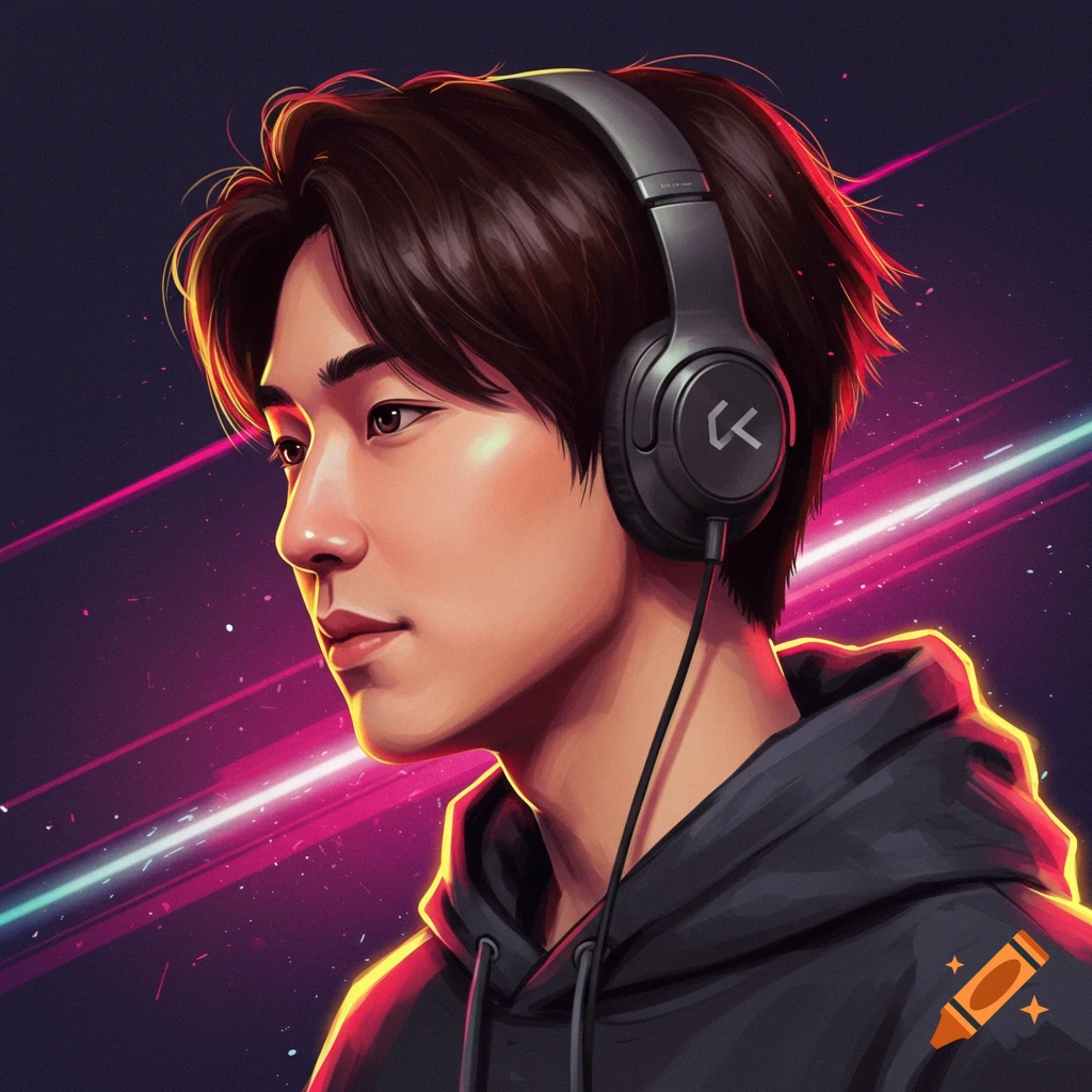 A young man wearing headphones is shown against a neon background.