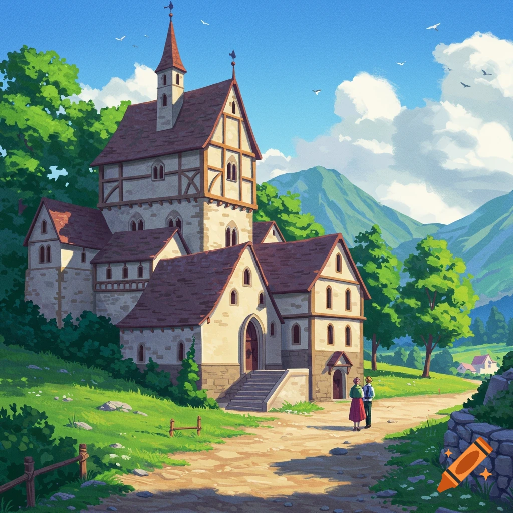 A village with a large, medieval-style building, people on a dirt path, trees, and mountains.
