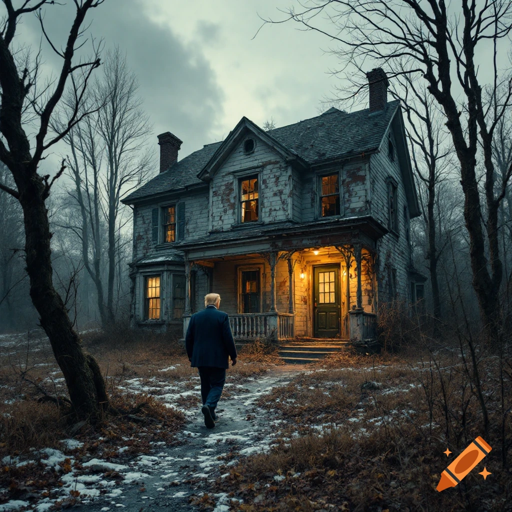Man resembling Trump walks towards a run-down abandoned house on a spooky evening.
