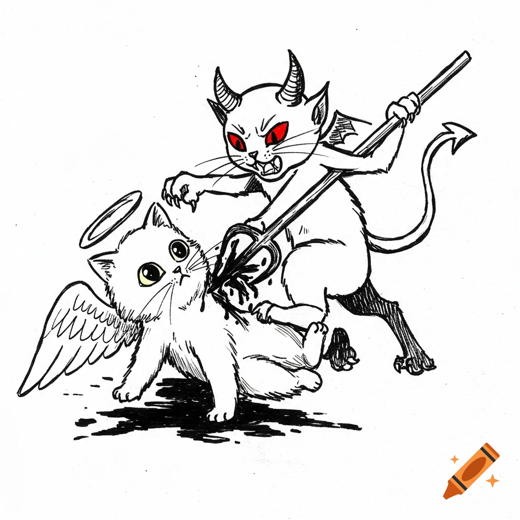 Sketch of a devil cat attacking an angel cat with a pitchfork