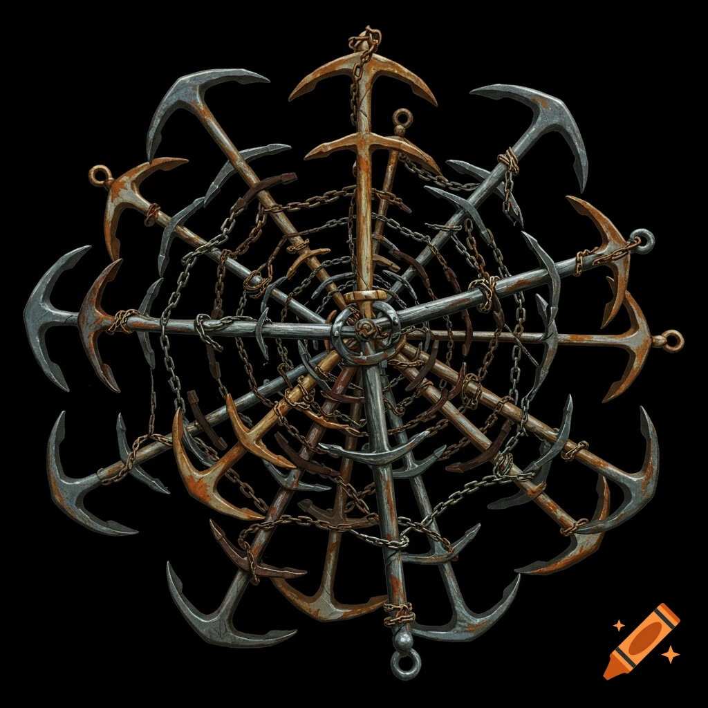 Anchors and chains arranged like a spiderweb
