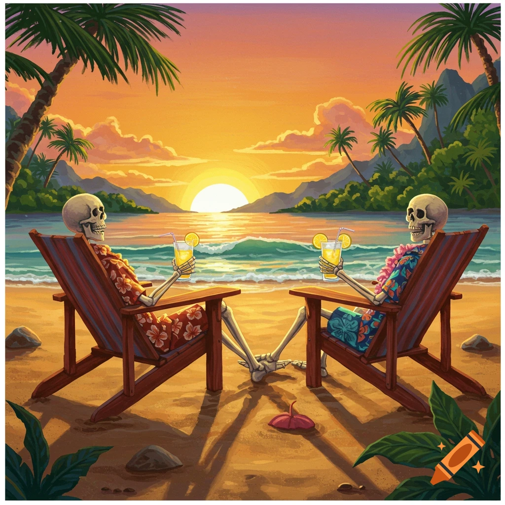 Two skeletons in Hawaiian shirts sit in beach chairs on a beach at sunset, drinking lemonade.