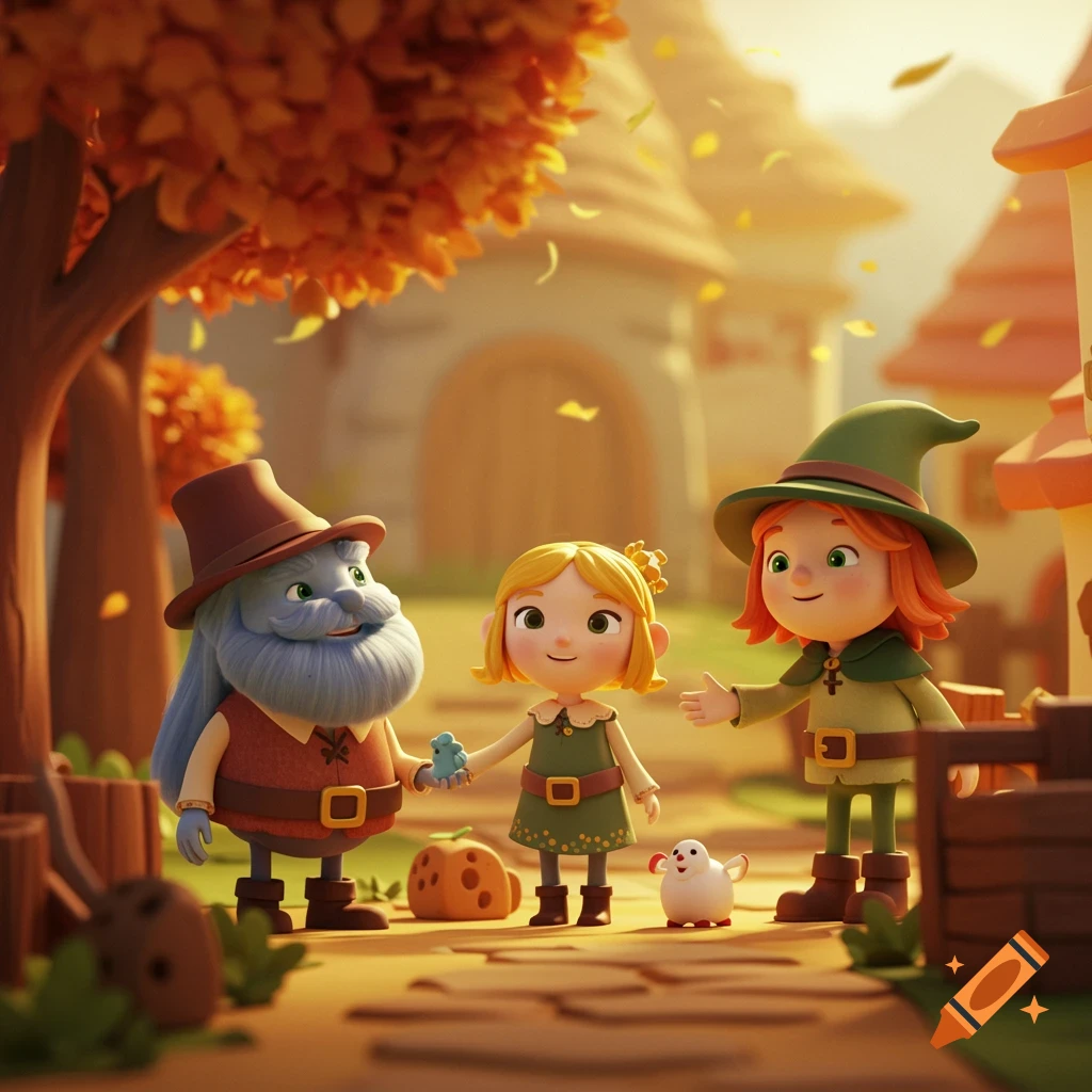 Cartoon characters, including a gnome and two girls, walk on a path in an autumnal village