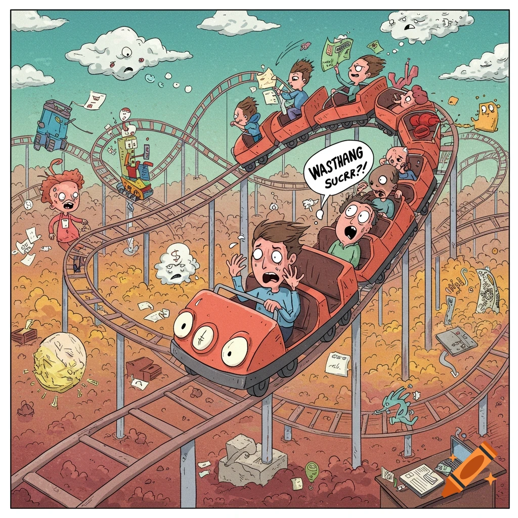 Cartoon illustration of a rollercoaster ride with stressed people and flying money, representing the cycle of stress and worry.