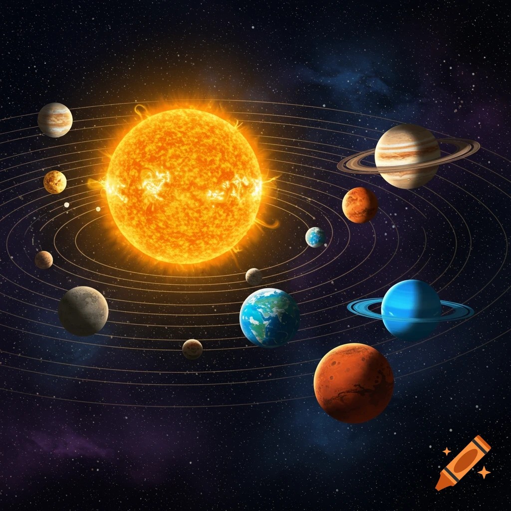 The solar system with the sun at the center and planets orbiting.