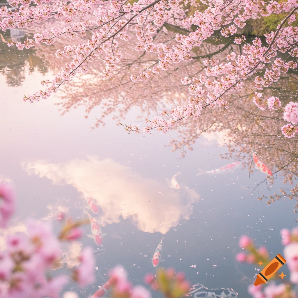 Cherry blossoms hang over a pond with koi fish swimming below reflections of the sky.