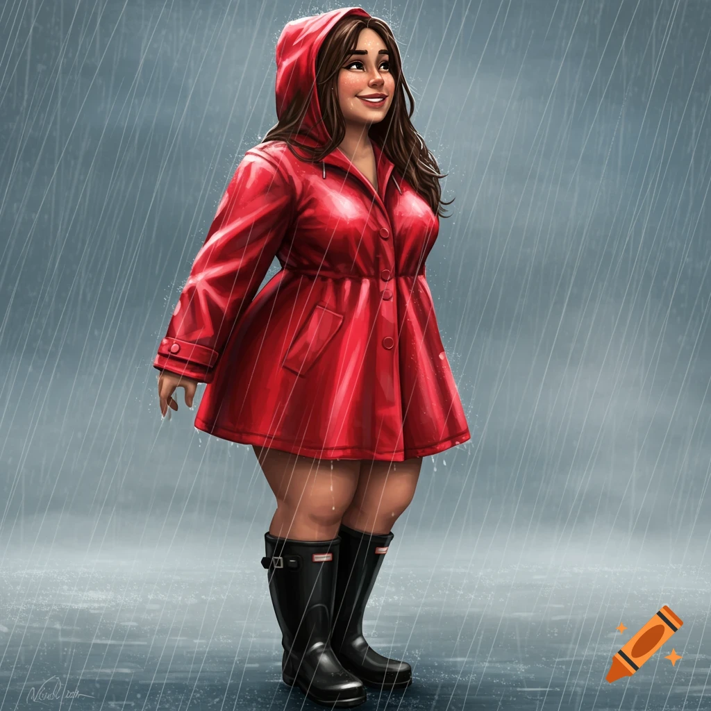 A curvy woman in a red raincoat and black boots standing in the rain.