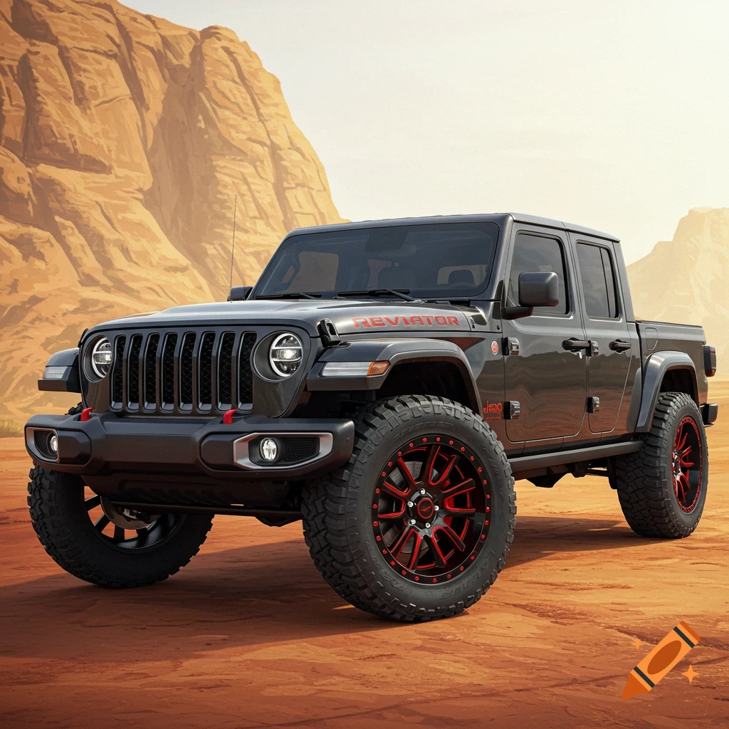 A black Jeep Gladiator with red wheels in a desert landscape.