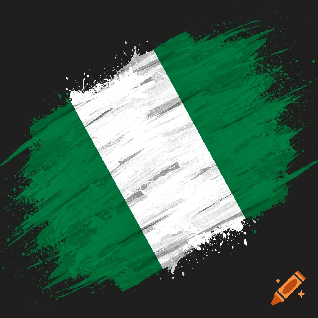 Nigerian flag rendered as green, white, and gray paint strokes and splatters on a black background.