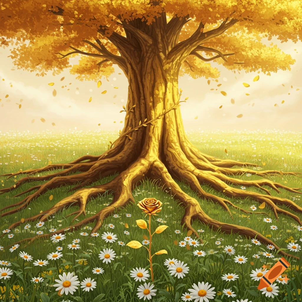 A grand golden oak tree with widespread roots among daisies and a golden rose.