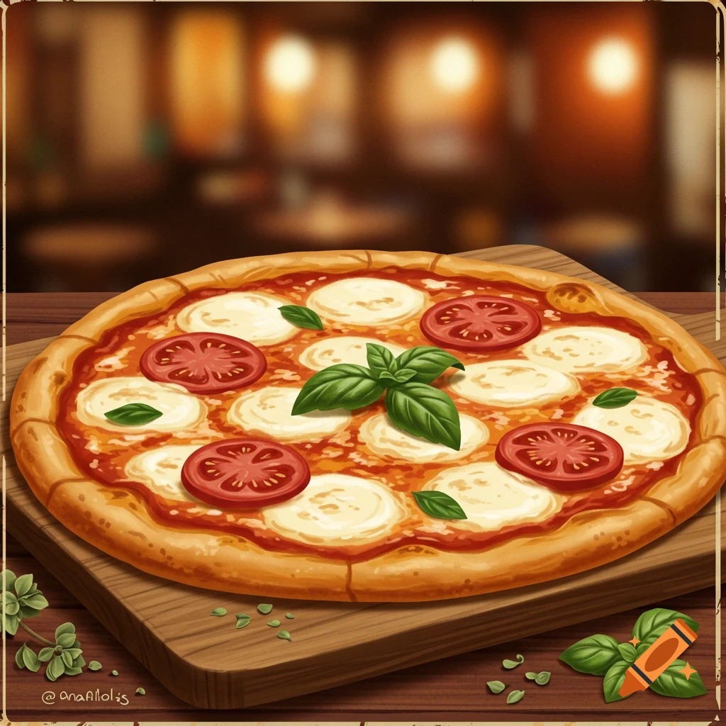 A Margherita pizza on a wooden cutting board.