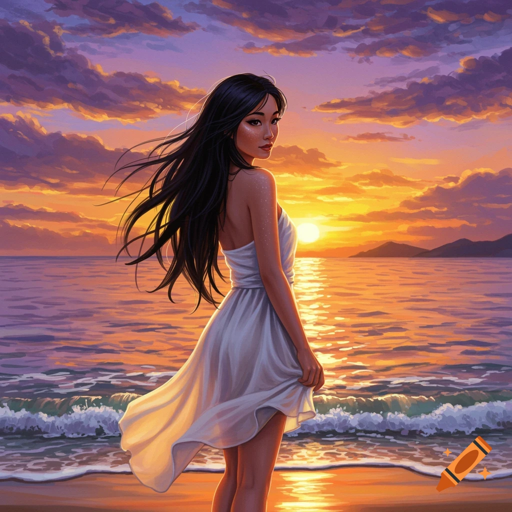A woman in a white dress stands on a beach at sunset