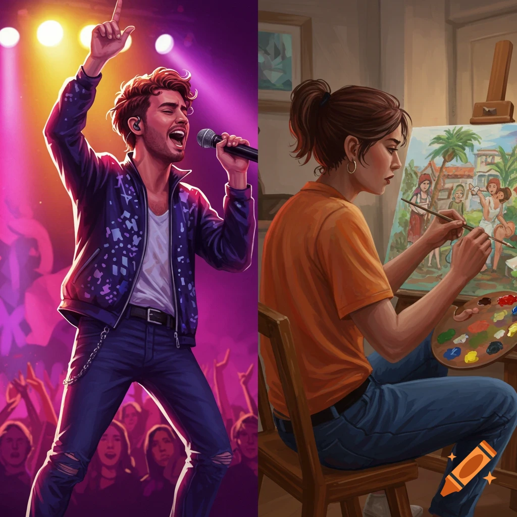A split image showing a man singing on stage and a woman painting at an easel.