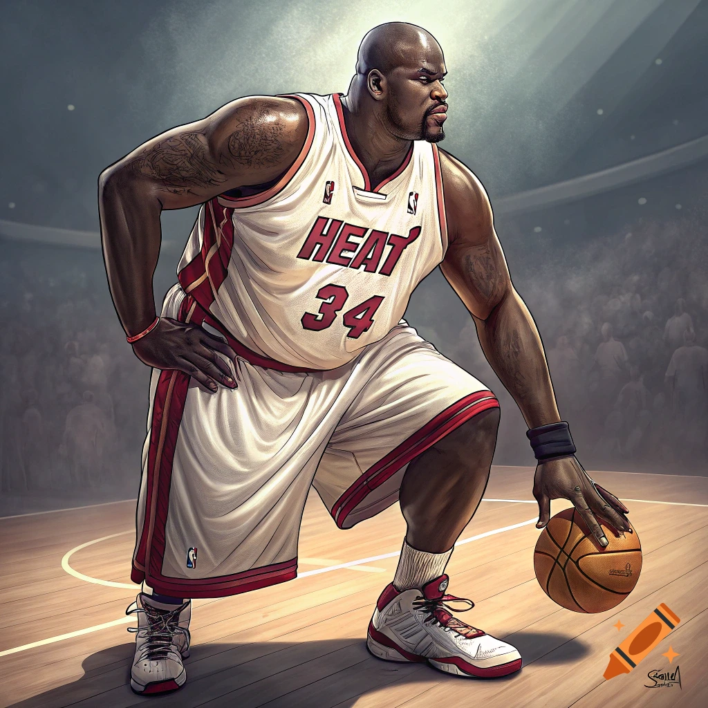 Shaquille O'Neal in a Miami Heat uniform dribbling a basketball on a court.