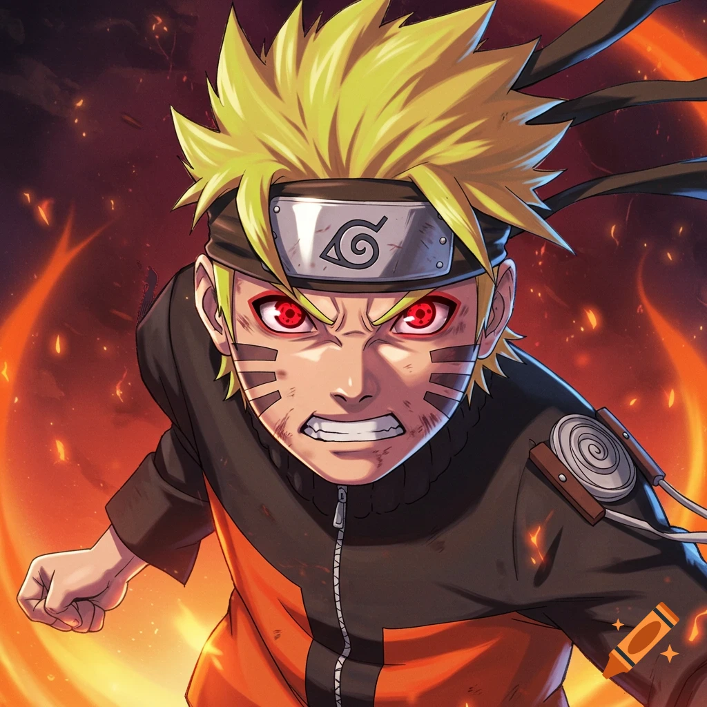 Close-up anime illustration of an angry Naruto with red Sharingan eyes surrounded by fire.