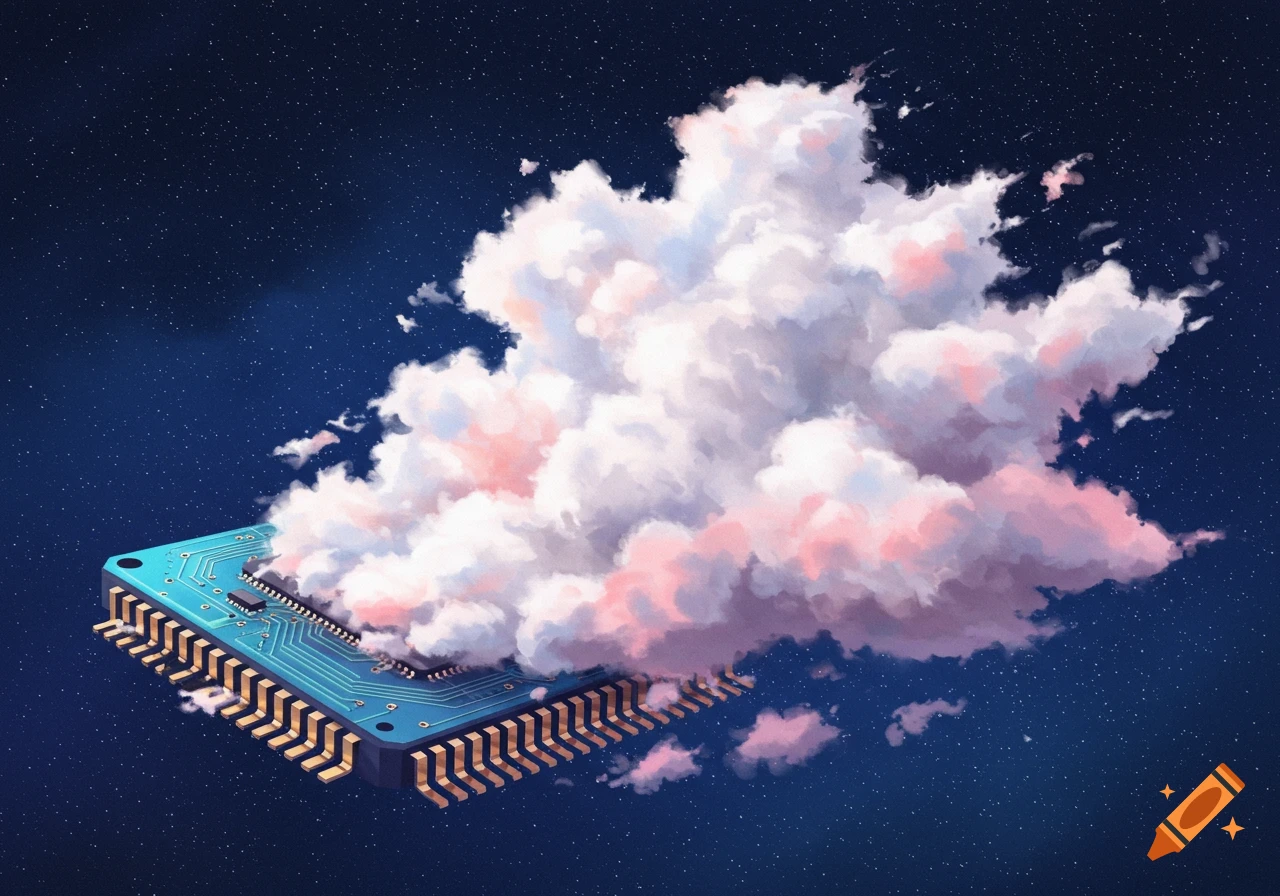 A computer chip with a large cloud on it, floating in a starry night sky.