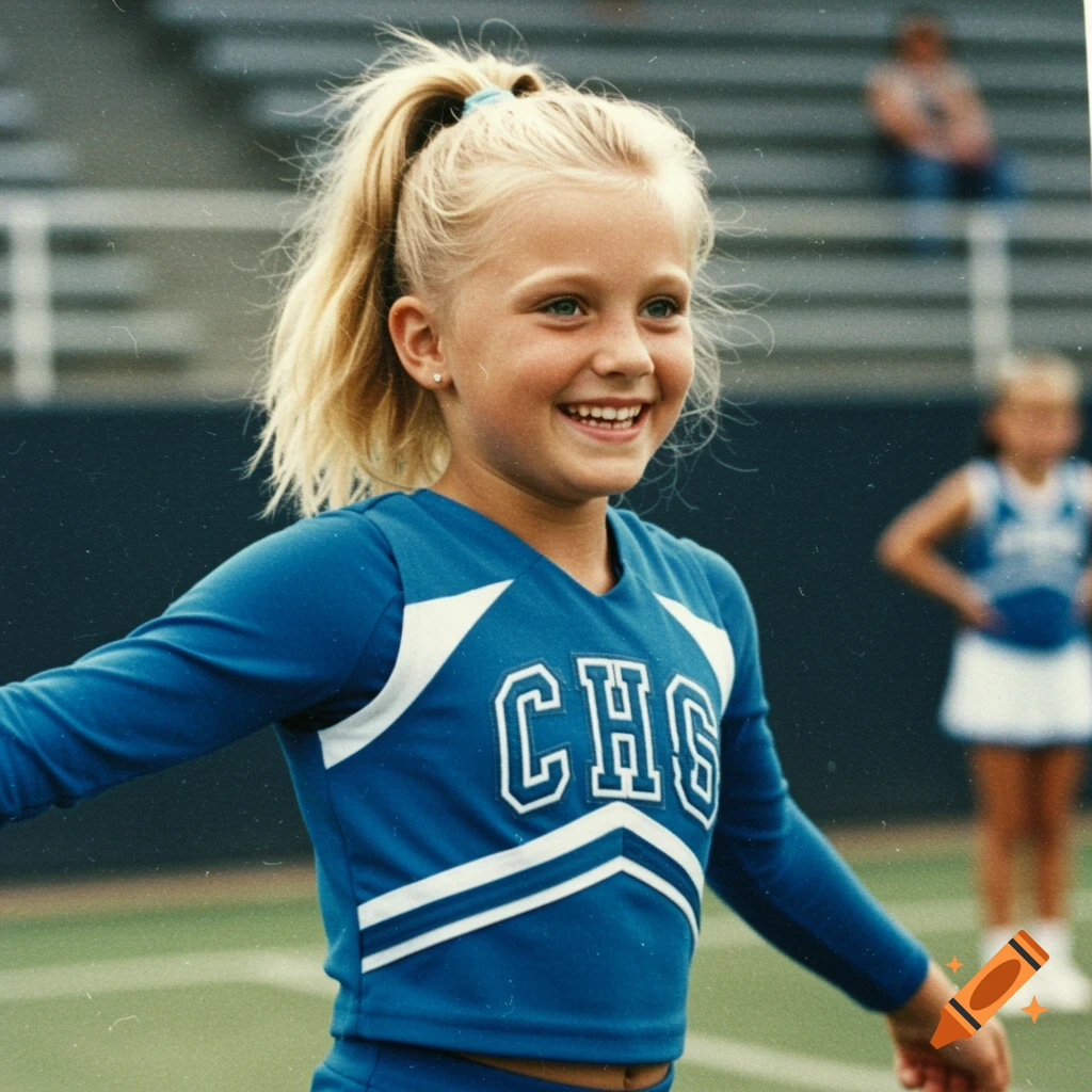 A young girl in a blue cheerleading uniform with 'CHS' on it smiles on a field in a grainy, vintage photo style.