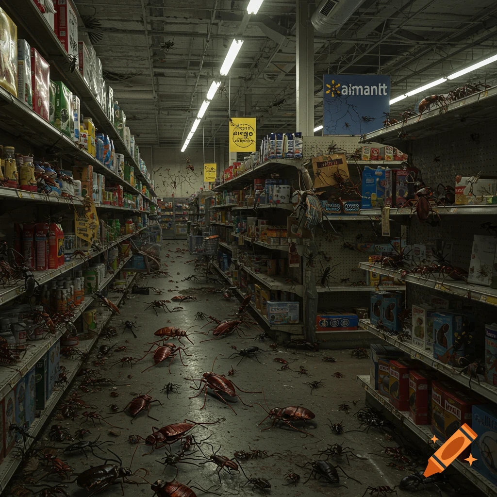 Realistic image of a grocery store aisle heavily infested with cockroaches, ants, and spiders.