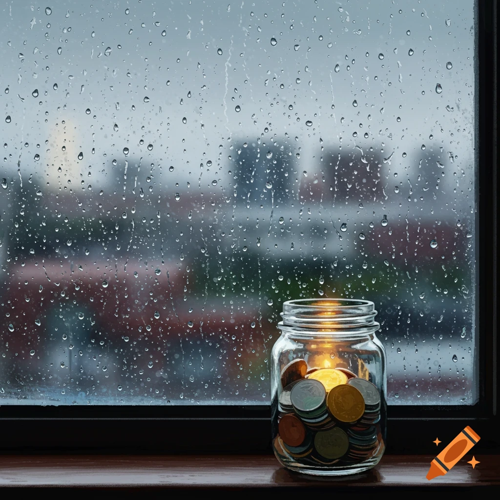 A glass jar filled with coins sits on a wooden windowsill with rain running down the windowpane.