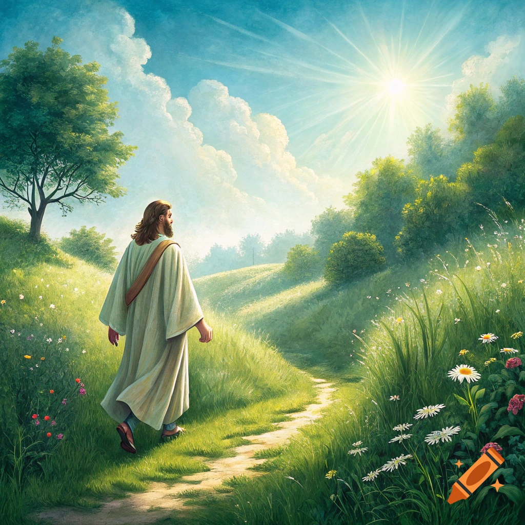 Painting of Jesus walking on a sunny meadow path