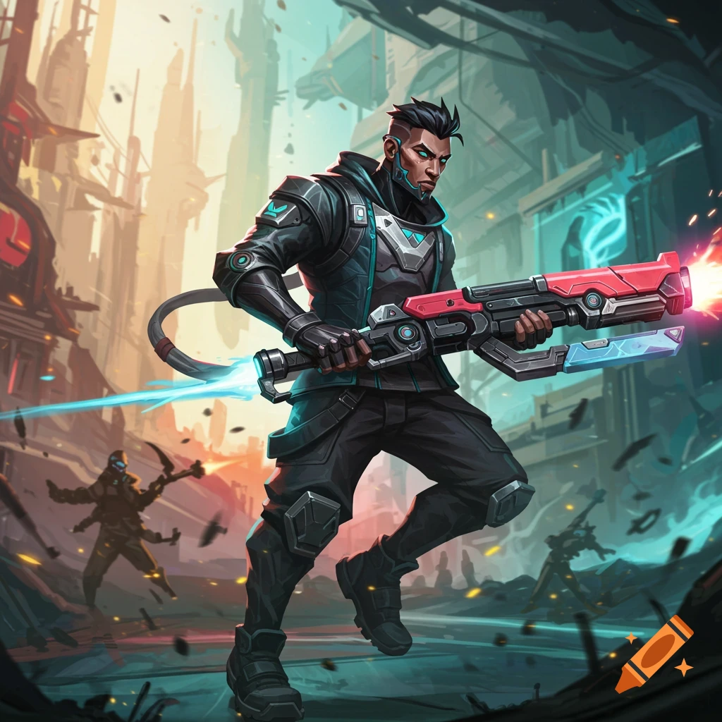 A futuristic character holding a large weapon in a cyberpunk city