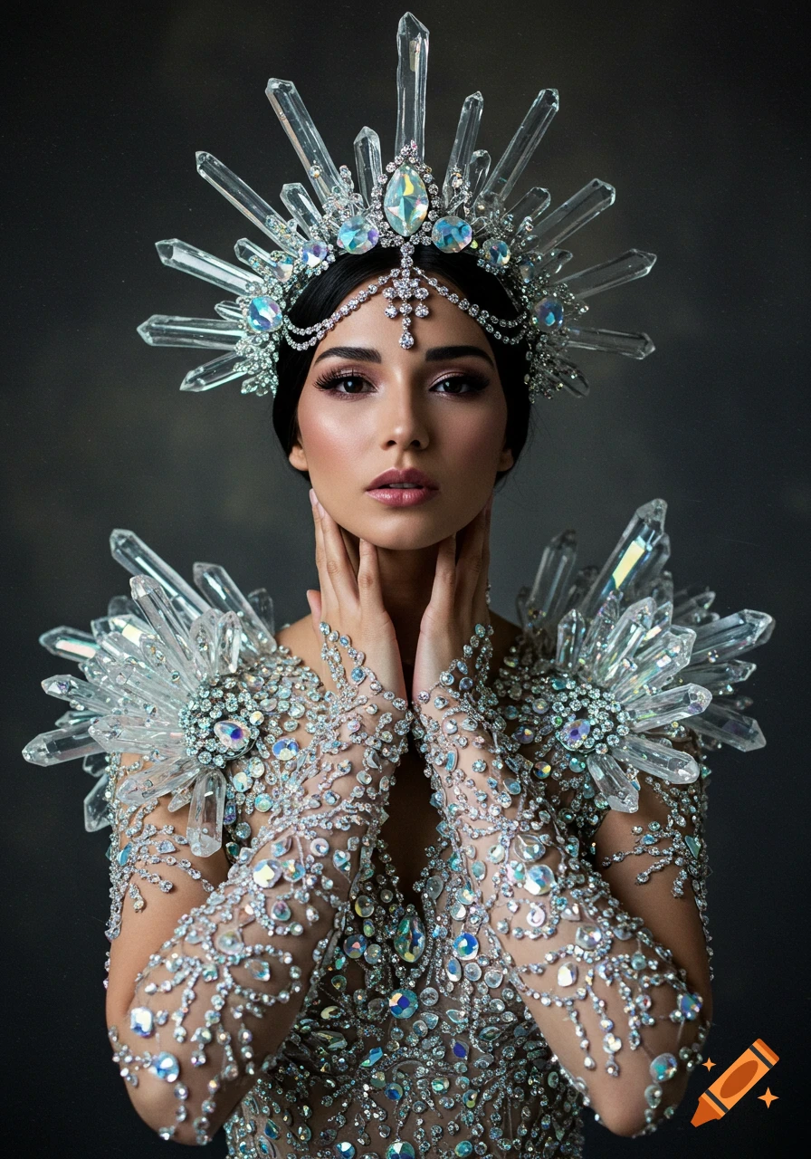 A woman in a spectacular crystalline gown and headpiece