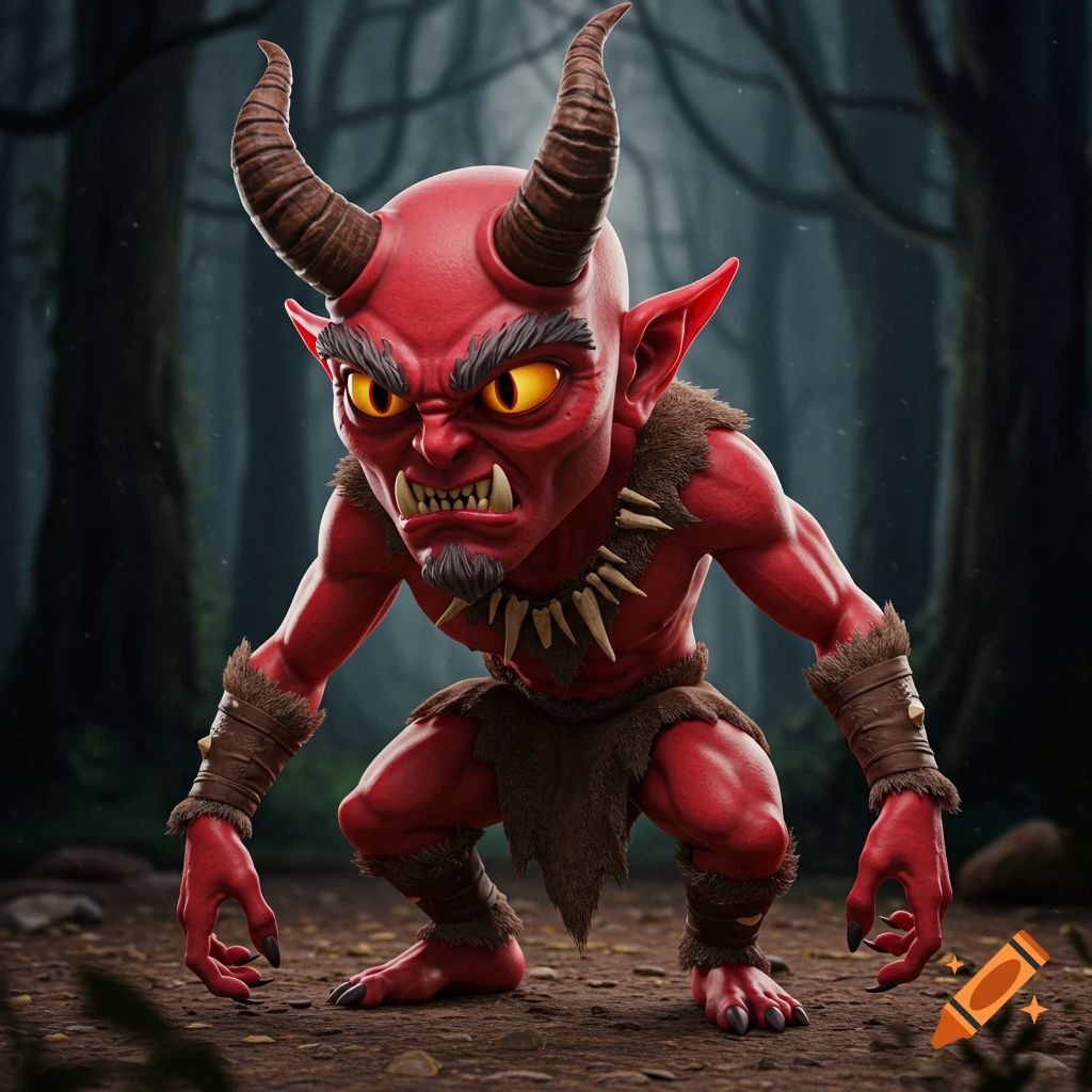 A cartoonish red demon with horns and tribal wear crouches in a dark forest, 3D render style.