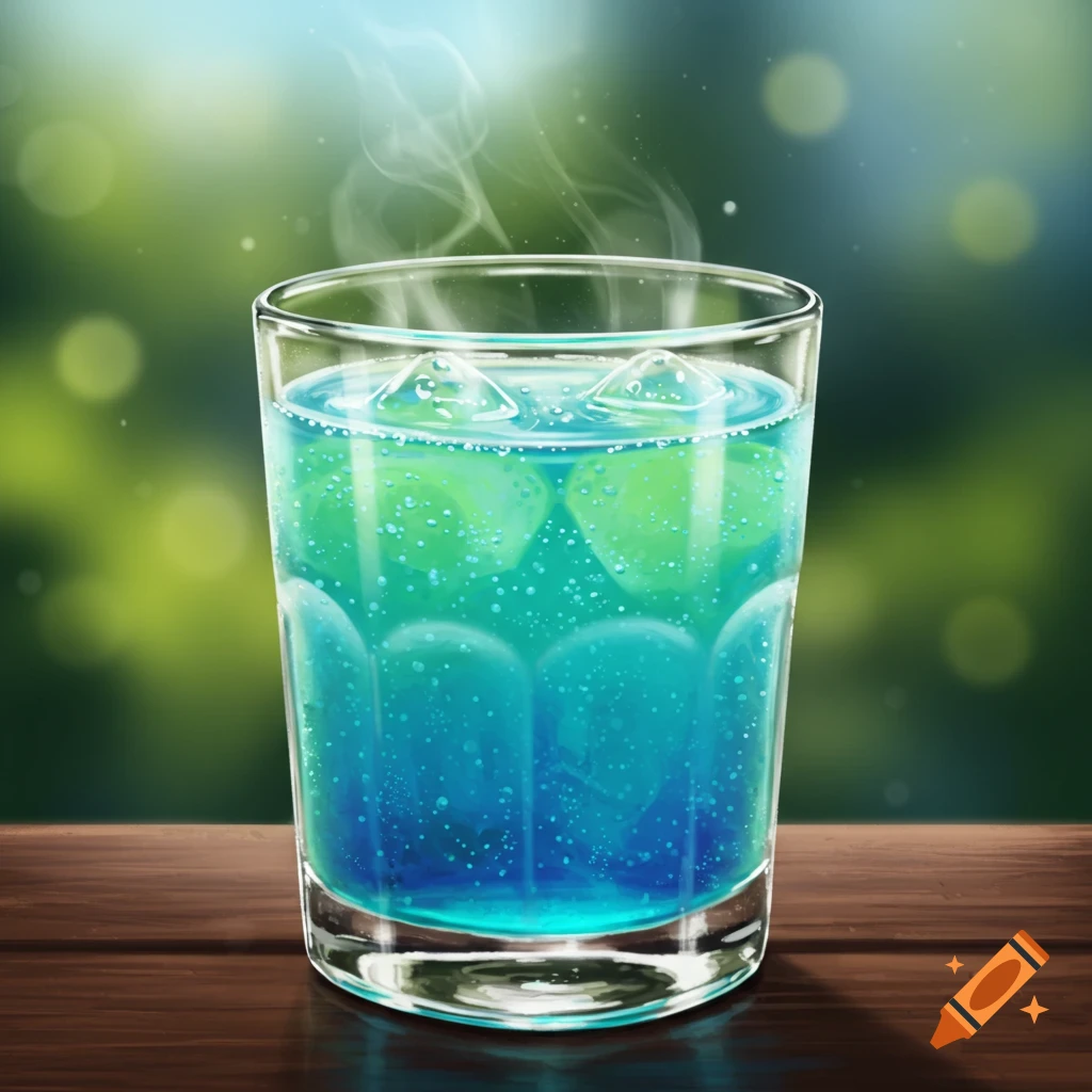 A glass with blue drink, ice, and bubbles on a wooden table