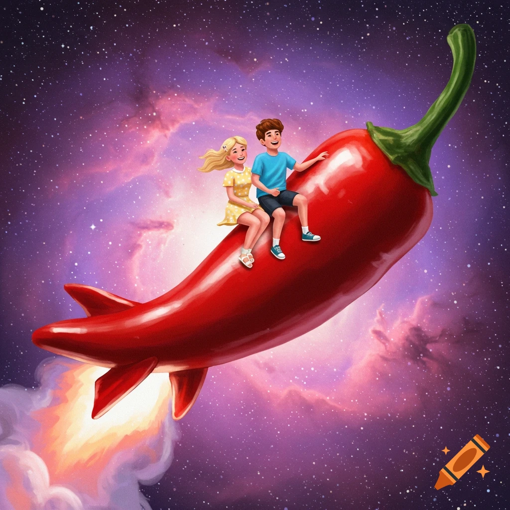 Illustration of two children riding a giant red chili pepper rocket through outer space.
