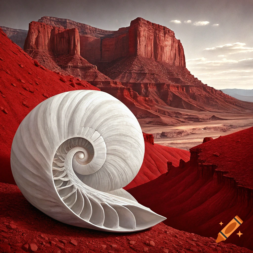 A large white nautilus shell rests on red rocks in a red desert landscape with mesa mountains under a cloudy sky.