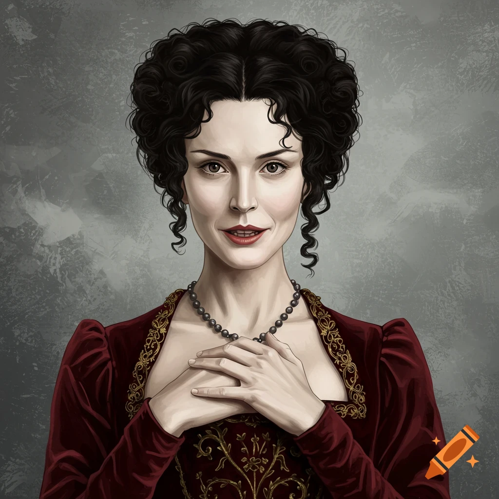 Portrait of a woman with dark curly hair in a red historical dress and pearls, hands clasped.
