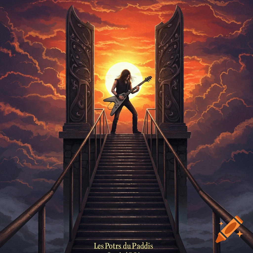 A guitarist on stairs leading to ornate gates against a sunset sky.