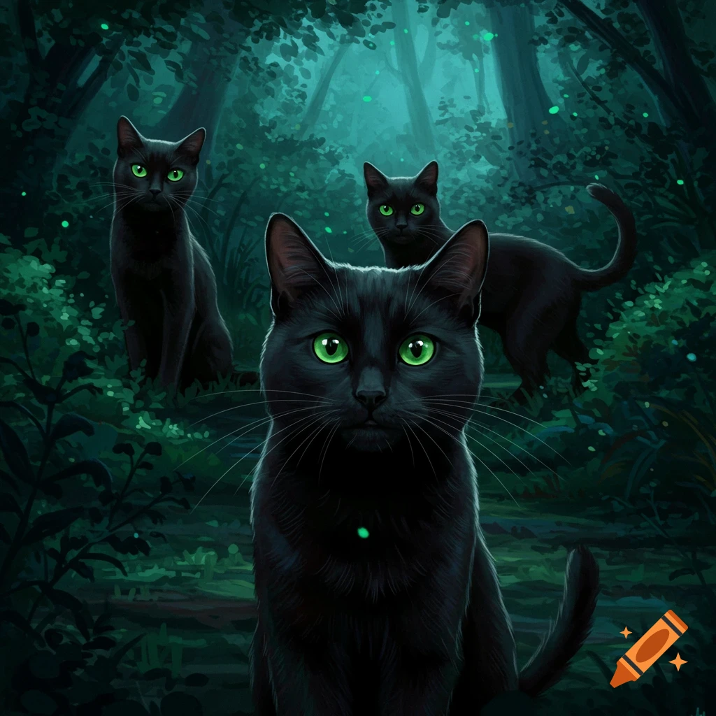 Three black cats with green eyes in a mystical forest at night.