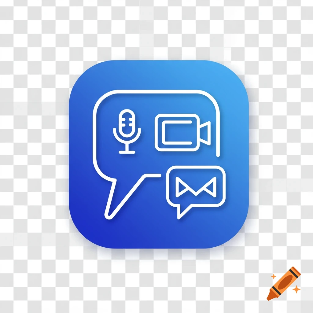 Icon for a communication app showing microphone, video camera, and message symbols in a chat bubble on blue.