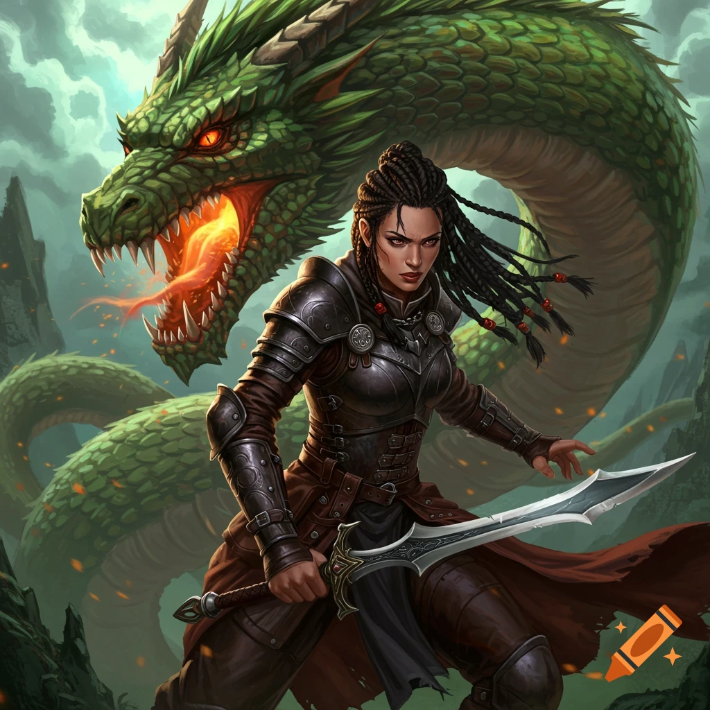 Female warrior facing a fire-breathing green dragon