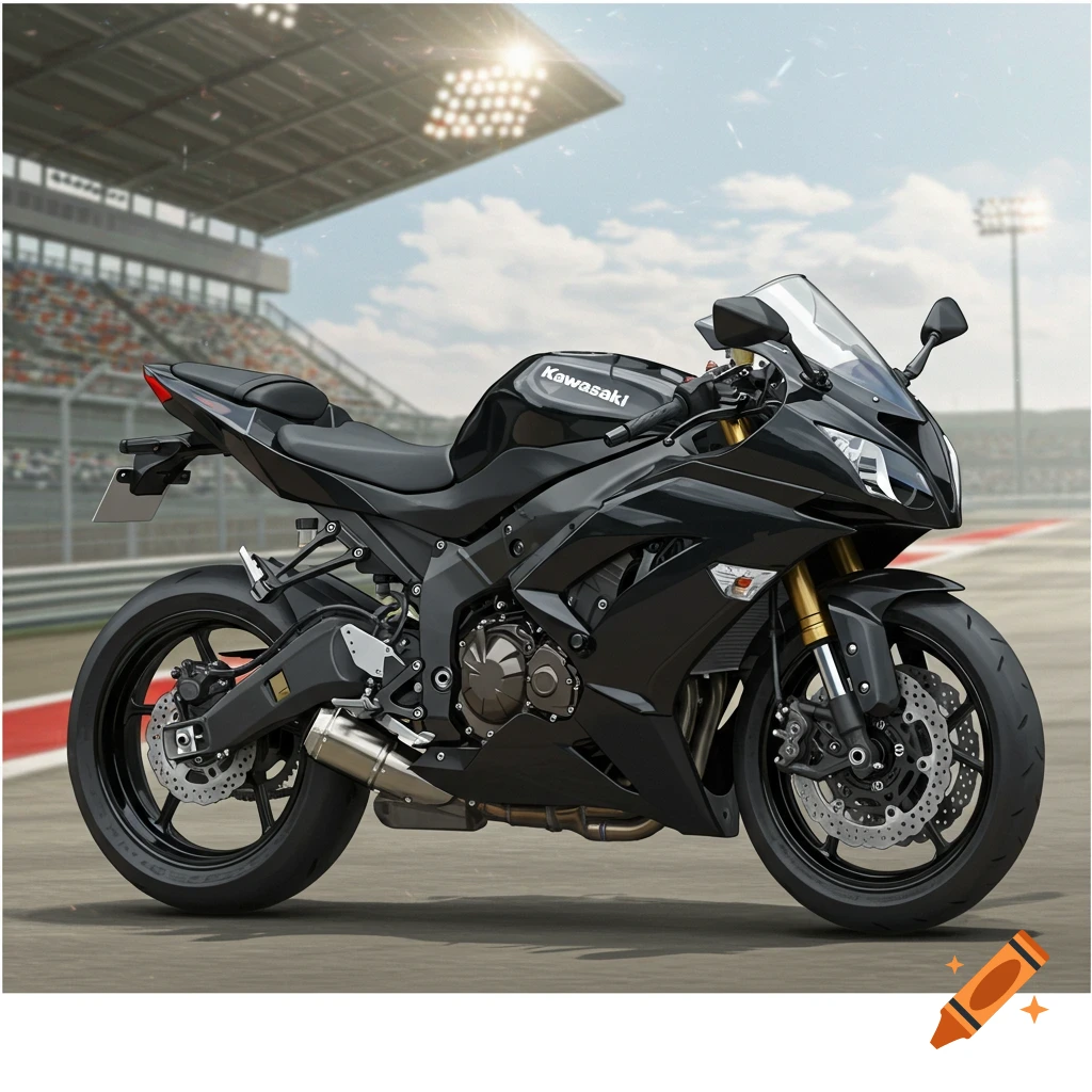 A black motorcycle at a race track.