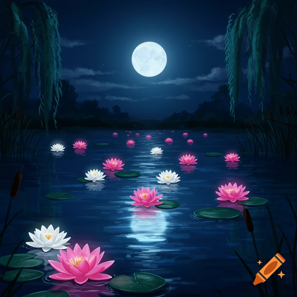 Glowing pink and white lotus flowers on a lake under a full moon at night.